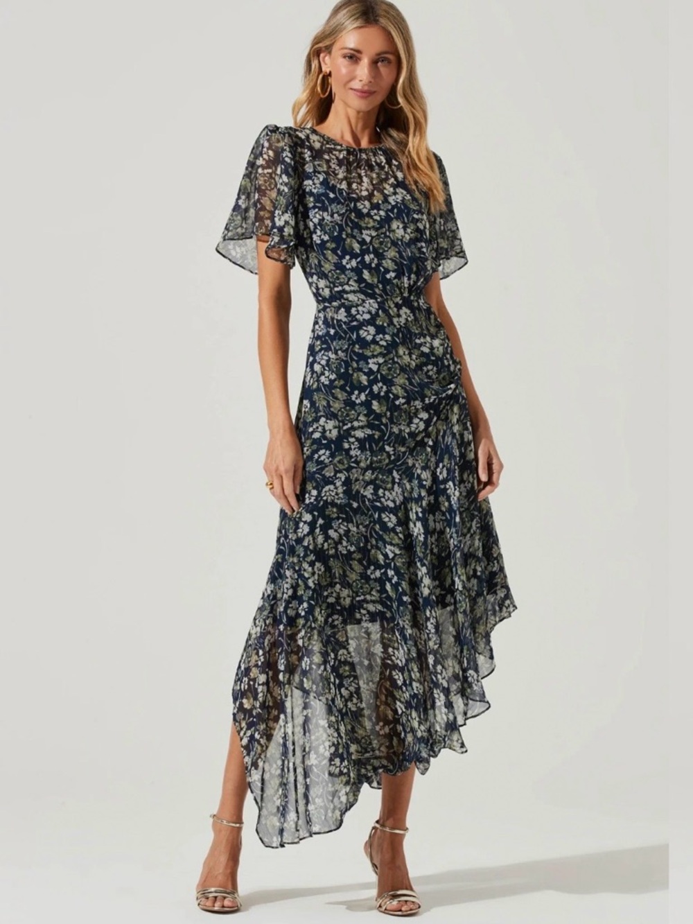 Astr The Label Navy Floral Asymmetrical Midi Dress